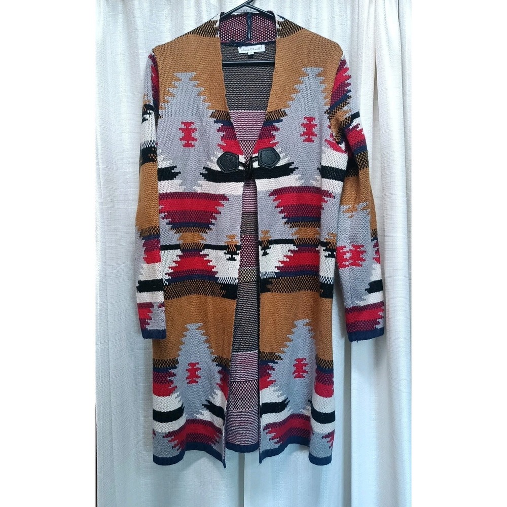 Keren Hart Aztec Print Multicolor Striped Duster Trench Sweater Western Cardigan